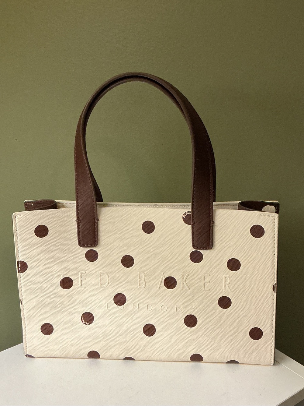 Ted Baker NWT Suricon Small Cream Tote Bag with Brown Polka Dots Top Handles